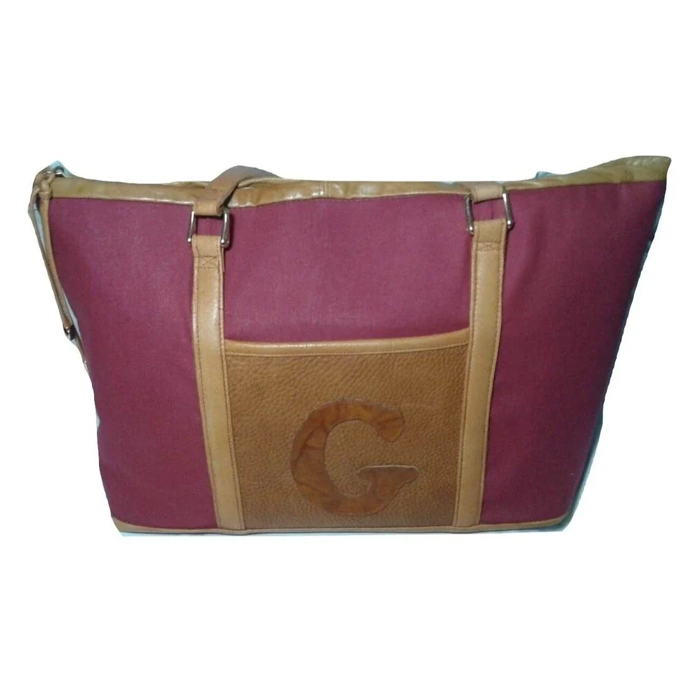 Lesley Sara Custom Made Cotton & Leather Tote Large Carry All Burgundy & Brown